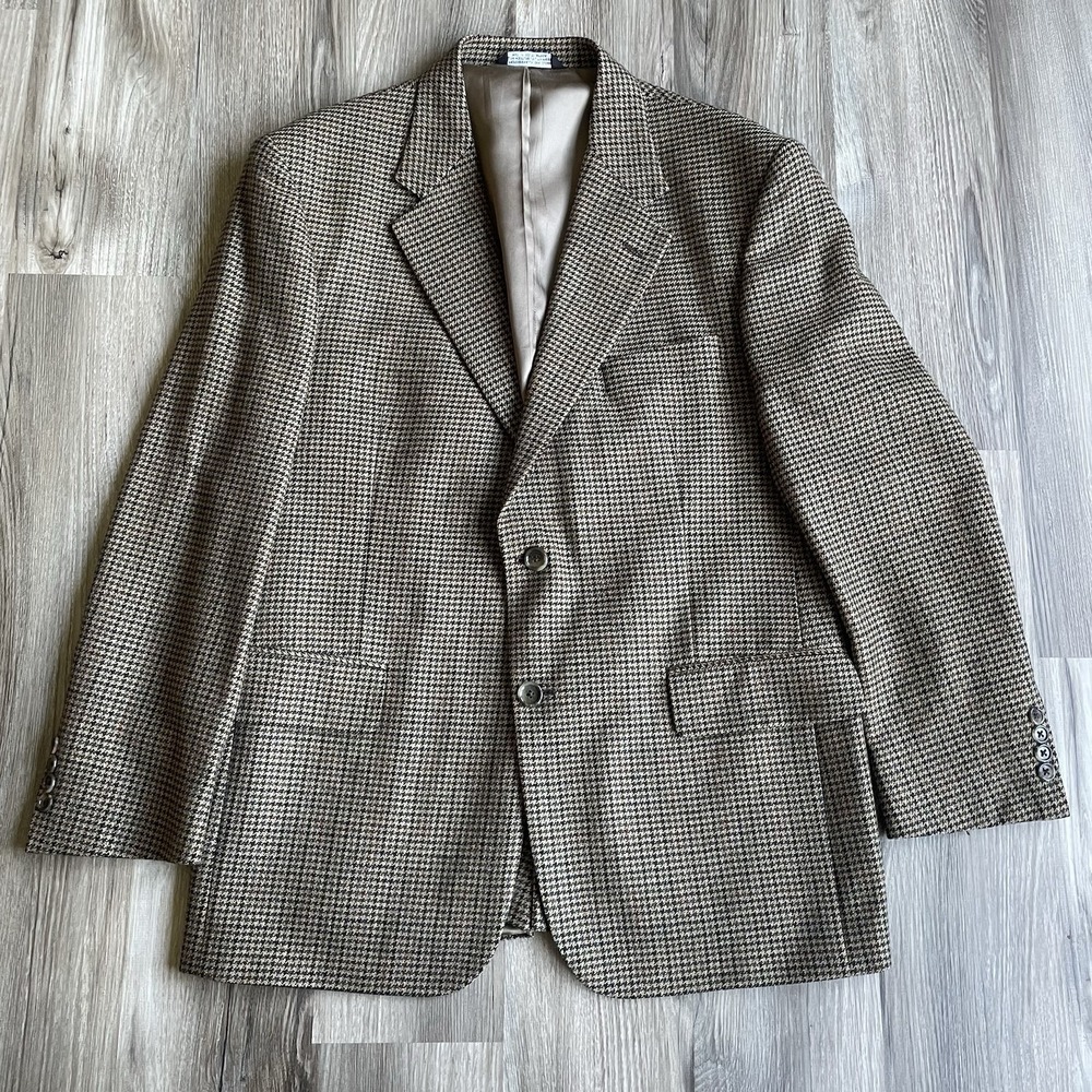 Vintage Evan Picone Lambs Wool Sport Coat Blazer Suit Jacket HoundsTooth Tan 40R